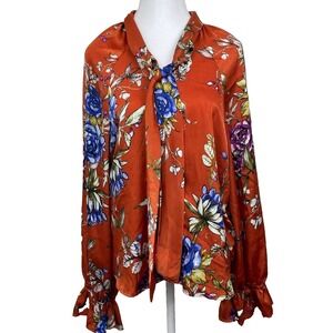 Free People Blouse Womens Medium Orange Floral Flutter Long Sleeve Feminine Boho